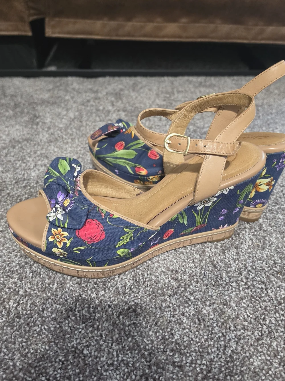Clarks Navy Floral Wedge Sandals with Tan Straps